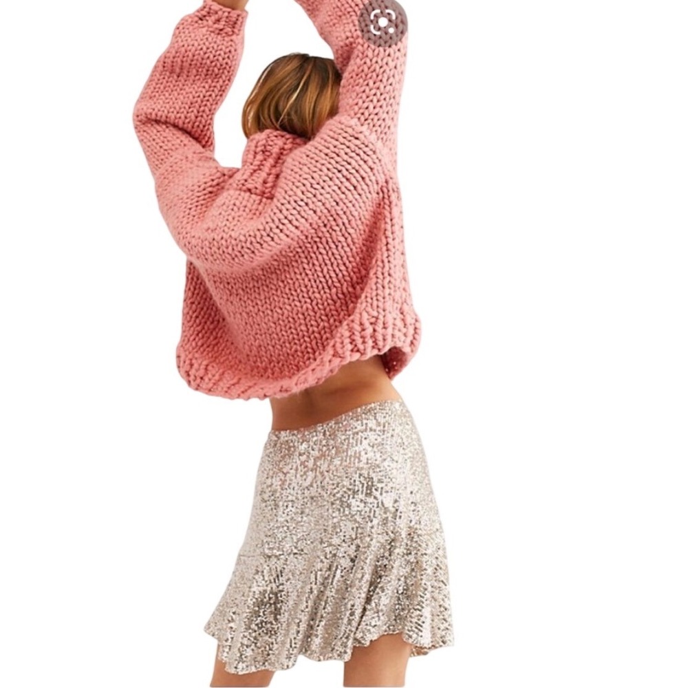 Free People Sequin Swing Mini Skirt Champagne Silver Glitter Party Size S